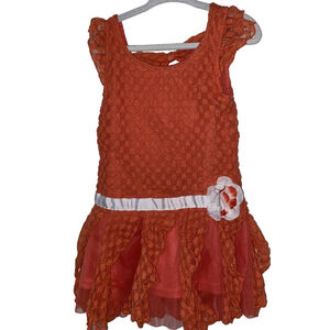 Girls Little Lass Orange Lace Ruffle Summer Dress with faux floral belt Size 4